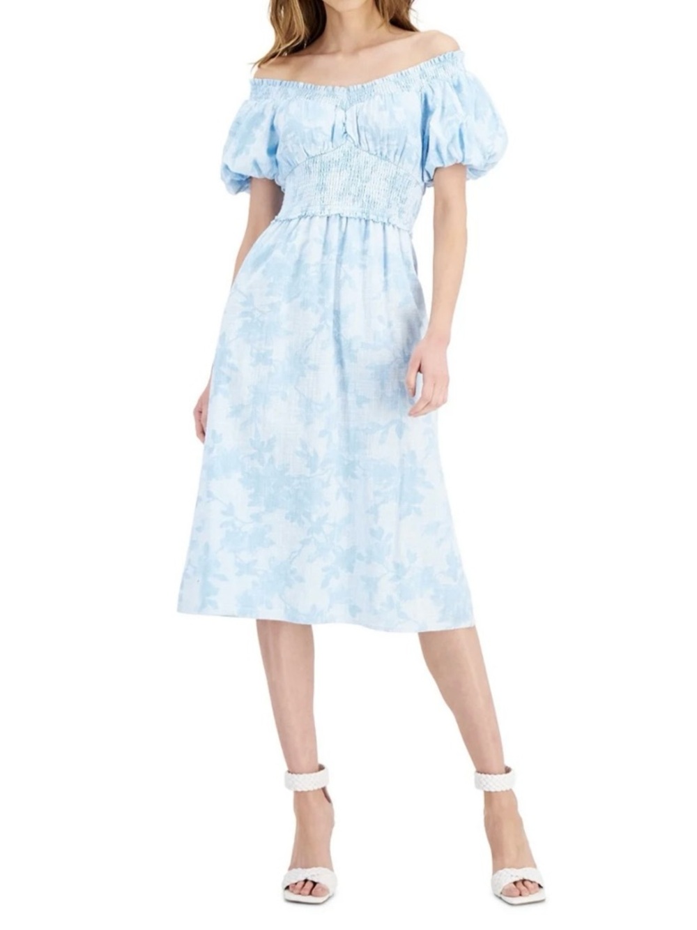 INC International Concepts Sky Blue Floral Smocked Off Shoulder Dress Jolene L - Picture 12 of 12